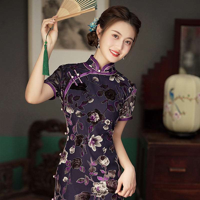 fitted lace wedding dress Modern Chinese Qipao, Chinese Cheongsam Dress, Evening Qipao, Ball Gowns, Floral Pattern XL / Purple