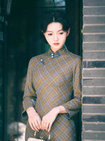 Modern Chinese Qipao, Evening Dresses, autumn qipao, plaid pattern qipao, 3/4 sleeve