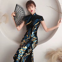 Cheongsam chinois, robe de bal, robe de soirée qipao, robe en velours à paillettes noires, col Mandarin