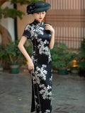 Modern Chinese Qipao, Long Cheongsam, Silk Qipao, Evening Dress, ball gown, black floral color, short sleeve, mandarin collar