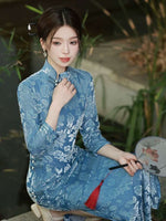 Free alteration, Traditional Chinese Qipao dress,  light blue floral dress, Evening Dress, Full length, mandarin collar, 3/4 sleeve