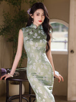 Modern Chinese Qipao, Chinese Cheongsam Dress, Ball Gowns, sleeveless, light green color