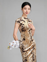 Modern Chinese qipao，champagne color floral pattern, Evening Dress, Ball Gowns