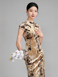 Modern Chinese qipao，champagne color floral pattern, Evening Dress, Ball Gowns