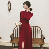 Robe de mariée chinoise, qipao chinois moderne, Cheongsam rouge vin, robe de mariée, col mandarin
