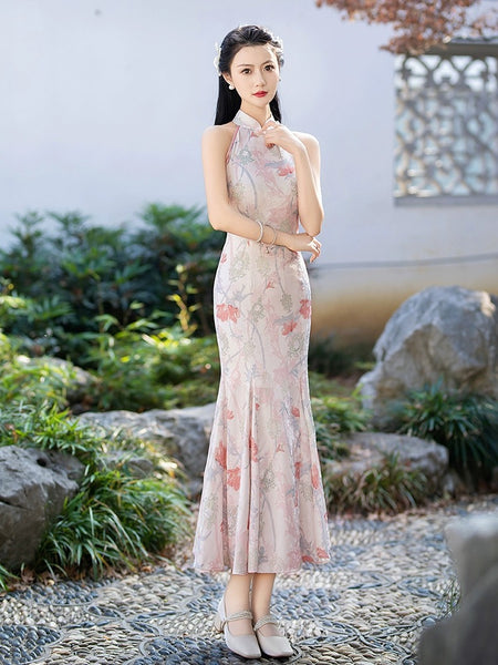 Floral Print Halter Fishtail Qipao Cheongsam Dress - IMALLURE M Floral Print Halter Fishtail Qipao Cheongsam Dress - IMALLURE M