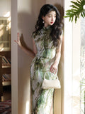 Qipao chinois moderne, Cheongsam longueur genou, Qipao vert clair, motif floral, col mandarin