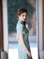 Modern Chinese Qipao, light green floral, Full length, mandarin collar