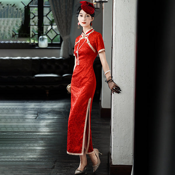 Modern Chinese Qipao, Chinese Cheongsam, Red qipao, Evening Dress, Ball Gowns, flower prints, tea ceremony, mandarin collar