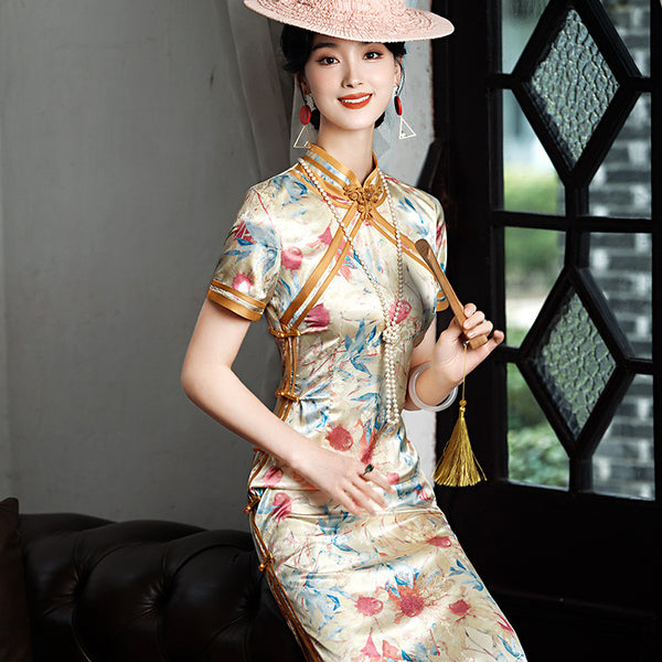 Modern Chinese qipao, Chinese Cheongsam, floral qipao, Ball Gowns, Long Evening Dress, mandarin collar