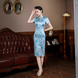 Robe Qipao chinoise Modeen, cheongsam en soie de mûrier, robe longueur genou, couleur bleu clair