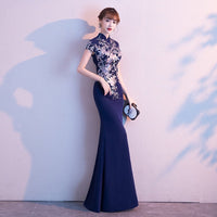 Custom make available, Chinese qipao, navy blue Cheongsam, Bridal dress, tea ceremony, mandarin collar