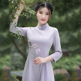 Modern Aodai, Knee length Cheongsam, aodai qipao, flower pattern