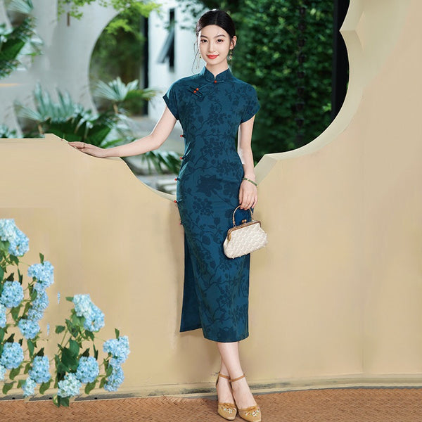Modern Chinese Qipao, dark blue color, evening dress, ball gown, floral dress