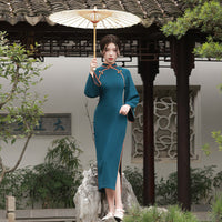 Traditional Chinese dress, Chinese Cheongsam, Blue qipao, evening Dress, Ball Gown,3/4 sleeve, mandarin collar