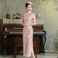 Robe Qipao moderne, cheongsam en soie de mûrier, robe de soirée, couleur rose, col mandarin