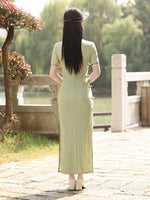 Traditionelles chinesisches Kleid, China Cheongsam, Ramie-Qipao, langes Sommer-Qipao, Blumenmuster, kurze Ärmel, Stehkragen