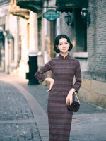 Modern Chinese Qipao, Evening Dresses, autumn qipao, plaid pattern qipao, 3/4 sleeve