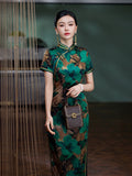 Modern Chinese Qipao, Mulberry Silk cheongsam, floral pattern, green color qipao