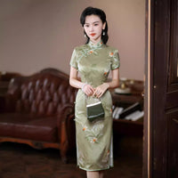 Robe chinoise moderne, robe de soirée, qipao en soie, imprimé floral vert, robe de printemps