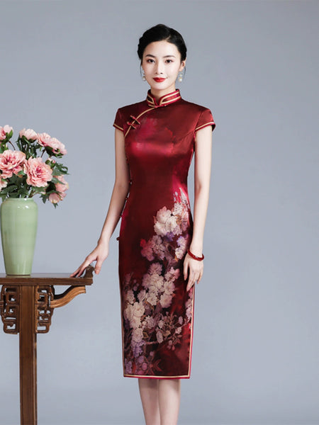 Qipao chinois moderne, cheongsam en soie de mûrier, robe de soirée, couleur rouge, robe midi