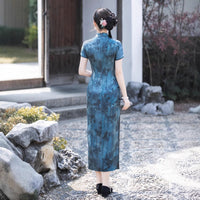 Modern Chinese Qipao, Blue Cheongsam, Long Evening Dress, floral print