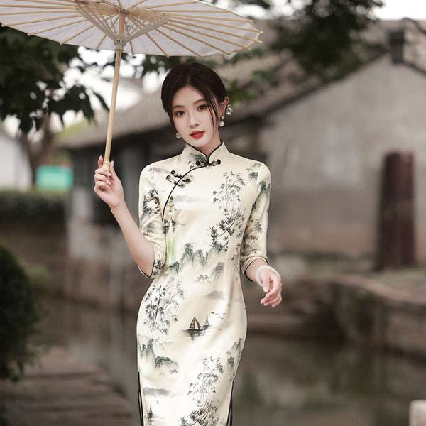 chinese prom dress Wave Joint Cheongsam Top Long Mermaid Evening White / 3XL Length Silhouette Prom Dress Gold By Michael