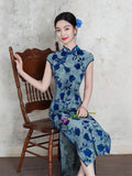Modern Chinese qipao, Chinese Cheongsam, Blue floral qipao, Ball Gowns, mandarin collar