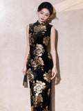 Modern Chinese qipao, Chinese Cheongsam, Ball Gowns, Long Evening Dress, black floral qipao