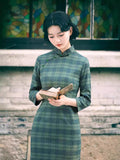 Modern Chinese Qipao, Evening Dresses, autumn qipao, plaid pattern qipao, 3/4 sleeve