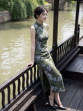 Modern Chinese Qipao, Chinese Cheongsam Dress, Ball Gowns, sleeveless, green color