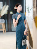 Traditional Chinese dress, Chinese Cheongsam, modern qipao, Ball Gowns, Long Evening Dress, blue floral qipao, mandarin collar