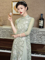 Aodai moderne, Cheongsam longueur genou, aodai qipao, motif floral, col mandarin