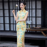 Modern Chinese qipao, Chinese Cheongsam, yellow floral color, Ball Gowns, Long Evening Dress, mandarin collar