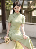 Traditionelles chinesisches Kleid, China Cheongsam, Ramie-Qipao, langes Sommer-Qipao, Blumenmuster, kurze Ärmel, Stehkragen