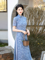 Modern Aodai, Knee length Cheongsam, Blue aodai qipao, flower pattern