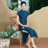 Modern Chinese Qipao, dark blue color, evening dress, ball gown, floral dress