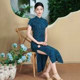 Modern Chinese Qipao, dark blue color, evening dress, ball gown, floral dress