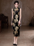 Modern Chinese qipao, Chinese Cheongsam, Ball Gowns, Long Evening Dress, black floral qipao