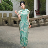 Modern Chinese Qipao, Chinese Cheongsam Dress, Ball Gowns, short sleeve, green floral