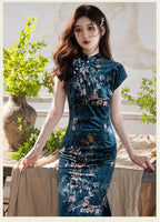 Modern Chinese qipao, Chinese Cheongsam Dress, Evening Dress, Ball Gowns, blue velvet qipao