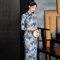 Modern Chinese qipao, Chinese Cheongsam, blue floral qipao, Ball Gowns