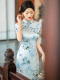 Modern Chinese Qipao, Mulberry Silk cheongsam, kneelength dress, light blue color