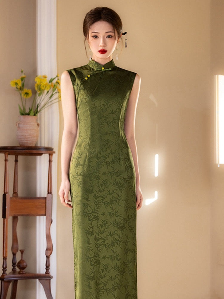 Light Green Qipao Modern Chinese Qipao, Cheongsam Dress, Green Color Bamboo  Leave Prints XL