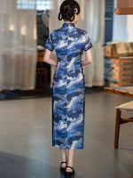 robe traditionnelle chinoise, Cheongsam chinois brodé, robes de soirée, robes de bal, bleu marine, col mandarin