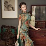 Elegant traditional Chinese dress, Chinese Cheongsam Dress, green floral Dress, Ball Gowns, mandarin collar