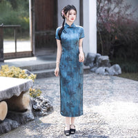 Modern Chinese Qipao, Blue Cheongsam, Long Evening Dress, floral print