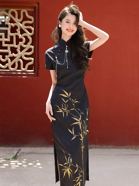 Modern Chinese Qipao, Chinese Cheongsam, black floral qipao