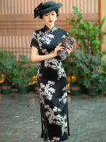 Qipao chinois moderne, Long Cheongsam, Qipao en soie, Robe de soirée, robe de bal, couleur florale noire, manches courtes, col mandarin