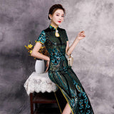 Chinese Cheongsam, Ball Gown, qipao dress, party dress, black velvet, sequins floral color, Mandarin collar